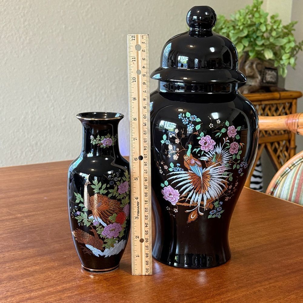 Vintage Ceramic Peacock Imperial Kutani 8” Japanese Vase and 15” Ceramic Pottery - Picture 9 of 16